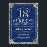 Invitación Surprise 18th Birthday Party - Silver Navy Blue<br><div class="desc">Invitación a la celebración de cumpleaños número 18 de sorpresa. Elegante diseño elegante en azul real y falso purpurina plateado. Presenta una fuente de script elegante. Mándame un mensaje si necesitas más personalización.</div>