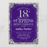 Invitación Surprise 18th Birthday Party - Silver Purple<br><div class="desc">Invitación a la celebración de cumpleaños número 18 de una sorpresa rústica. Elegante diseño elegante con un diseño de color púrpura real y falso purpurina plateado. Presenta una fuente de script elegante. Mándame un mensaje si necesitas más personalización.</div>