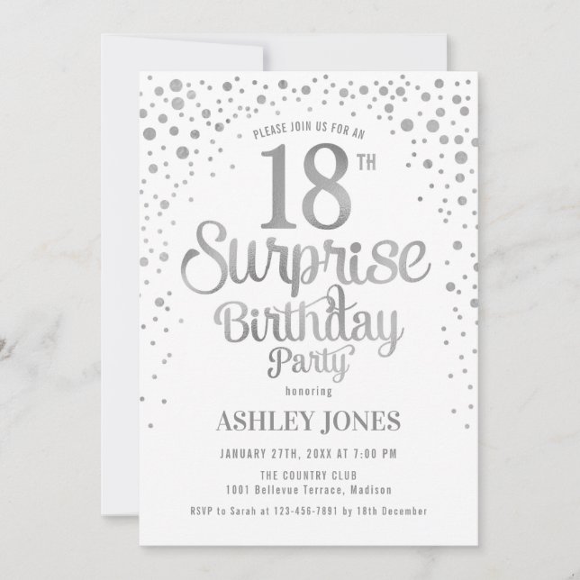 Invitación Surprise 18th Birthday Party - Silver y White (Anverso)