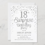 Invitación Surprise 18th Birthday Party - Silver y White<br><div class="desc">Sorpresa 18ª Invitación a la fiesta de cumpleaños. Elegante diseño en blanco y falso purpurina plateado. Presenta un diseño elegante de tipo de letra y letra de guión. Mándame un mensaje si necesitas edad personalizado.</div>