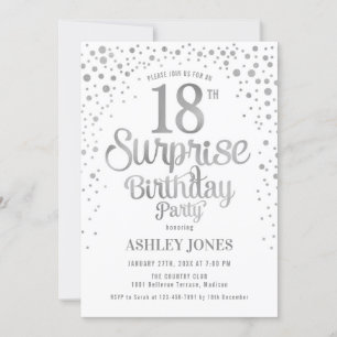 Invitación Surprise 18th Birthday Party - Silver y White