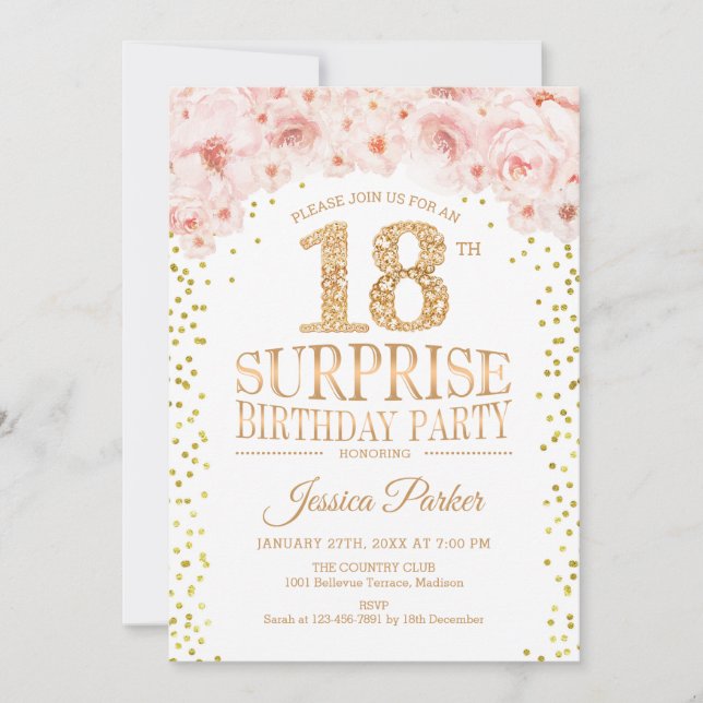 Invitación Surprise 18th Birthday Party - White Gold Pink (Anverso)