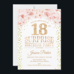 Invitación Surprise 18th Birthday Party - White Gold Pink<br><div class="desc">Sorpresa 18ª Invitación a la fiesta de cumpleaños. Elegante diseño en falso oro purpurina,  blanco y rosa. Incluye confetti,  letra de guión y flores color de agua rosa rubor. Mándame un mensaje si necesitas más personalización.</div>