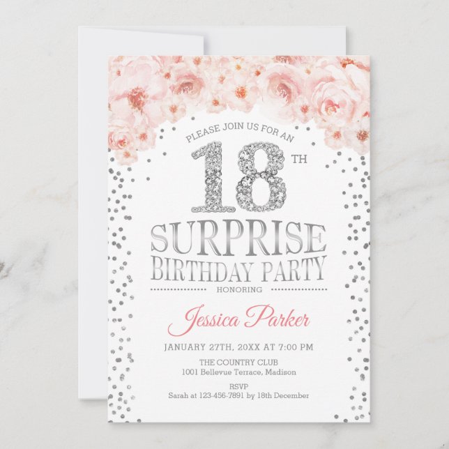 Invitación Surprise 18th Birthday Party - White Gold Pink (Anverso)