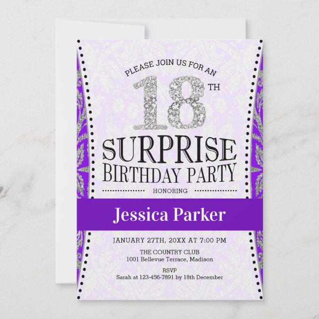 Invitación Surprise 18th Birthday - Púrpura Plata Blanca (Anverso)