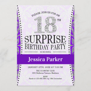 Invitación Surprise 18th Birthday - Púrpura Plata Blanca