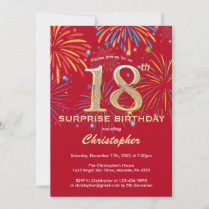 Invitación Surprise 18th Birthday Red & Gold Rainbow Firework