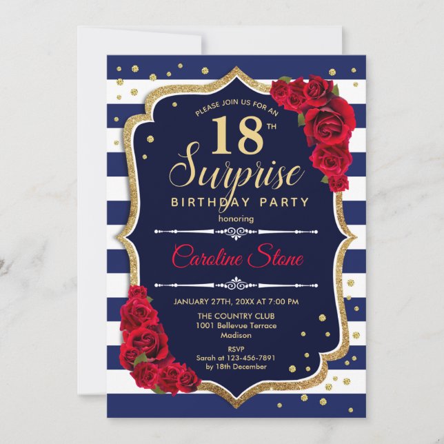 Invitación Surprise 18th Birthday - Rojo Blanco de la Marina (Anverso)