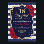 Invitación Surprise 18th Birthday - Rojo Blanco de la Marina<br><div class="desc">Sorpresa Invitación a los 18 Años. Diseño azul marino,  blanco,  rojo con oro falso purpurina. Presenta rayas marinas y blancas,  rosas rojas,  letra de guión y confeti. Perfecto para una elegante fiesta de cumpleaños. Se puede personalizar para mostrar cualquier edad. Mándame un mensaje si necesitas más personalización.</div>