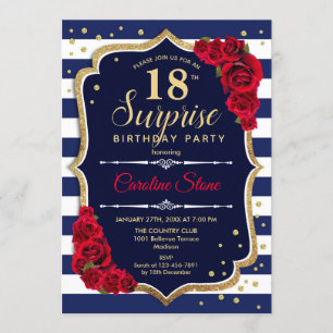 Invitación Surprise 18th Birthday - Rojo Blanco de la Marina
