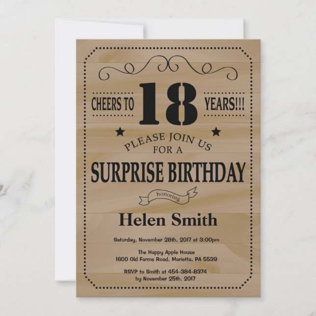 Invitación Surprise 18th Birthday Rustic Wood (Anverso)