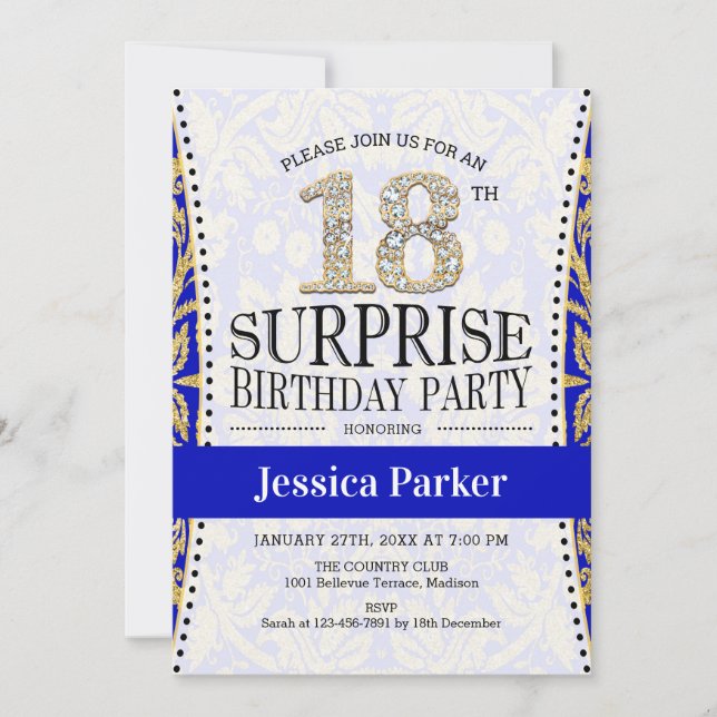 Invitación Surprise 18th Birthday - White Gold Royal Blue (Anverso)