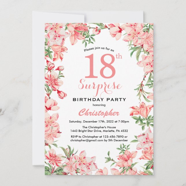 Invitación Surprise 18th Cumpleaños Boho Botánico Floral (Anverso)