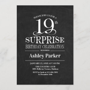 Invitación Surprise 19th Birthday Party - Blanco y Negro