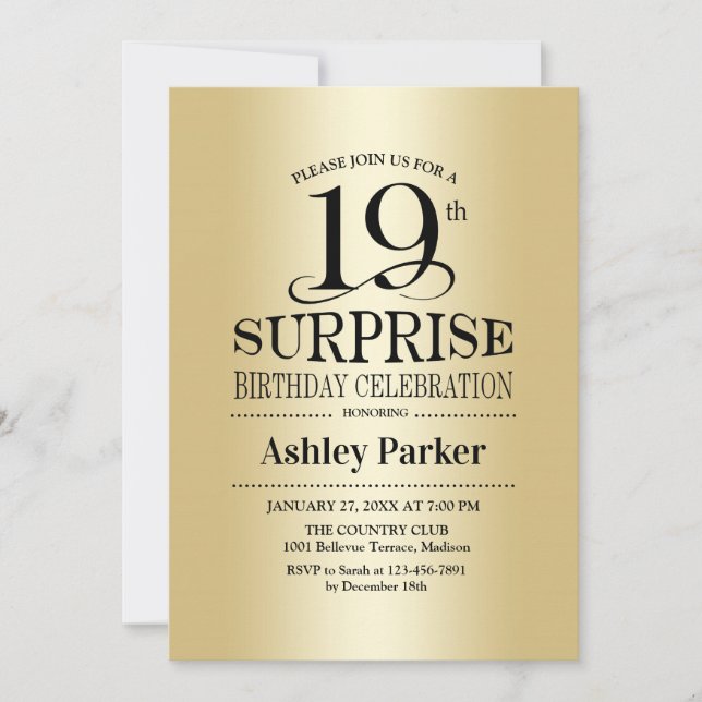 Invitación Surprise 19th Birthday Party - Gold (Anverso)