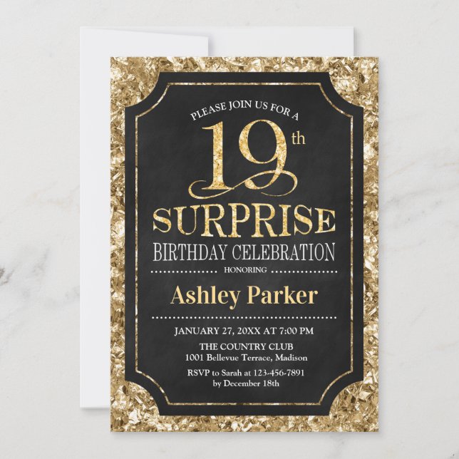Invitación Surprise 19th Birthday Party - Gold Black (Anverso)