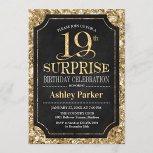Invitación Surprise 19th Birthday Party - Gold Black