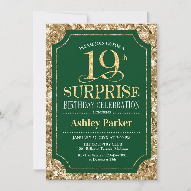 Invitación Surprise 19th Birthday Party - Gold Green (Anverso)