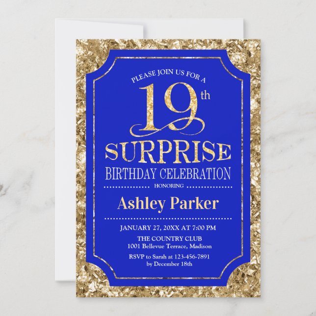 Invitación Surprise 19th Birthday Party - Gold Royal Blue (Anverso)