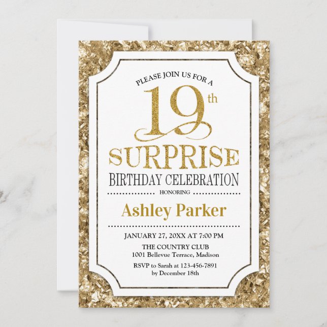 Invitación Surprise 19th Birthday Party - Gold White (Anverso)