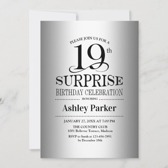Invitación Surprise 19th Birthday Party - Silver (Anverso)