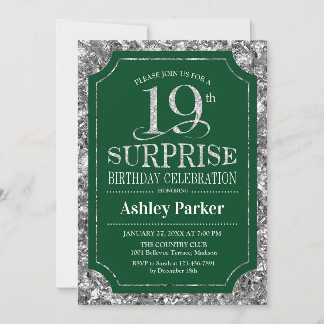 Invitación Surprise 19th Birthday Party - Silver Green (Anverso)