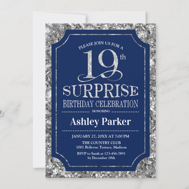 Invitación Surprise 19th Birthday Party - Silver Navy Blue (Anverso)