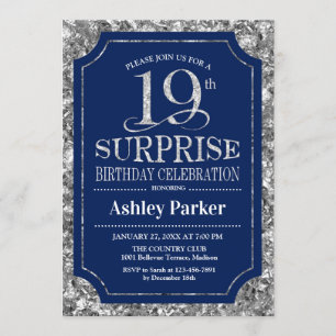 Invitación Surprise 19th Birthday Party - Silver Navy Blue