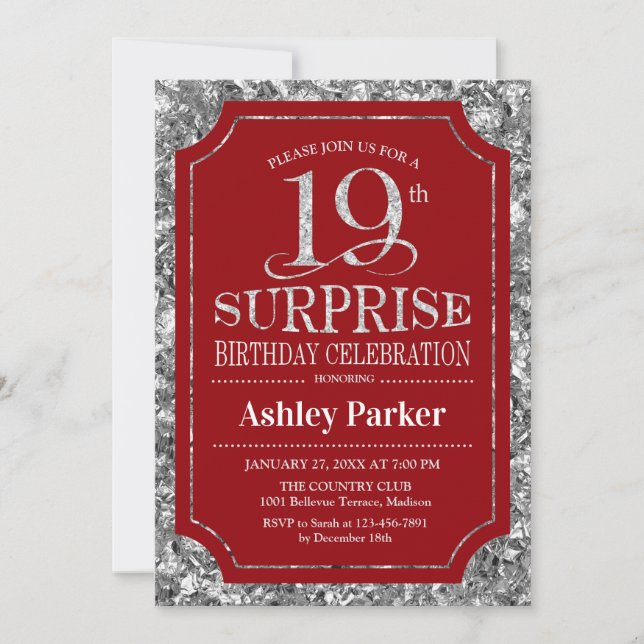 Invitación Surprise 19th Birthday Party - Silver Red (Anverso)
