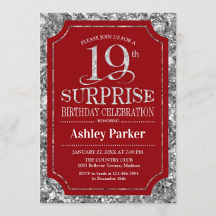 Invitación Surprise 19th Birthday Party - Silver Red
