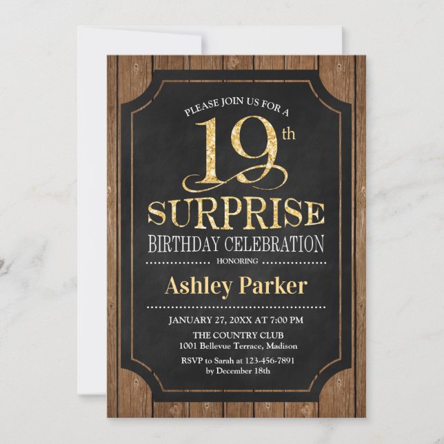 Invitación Surprise 19th Birthday Party - Wood Gold (Anverso)