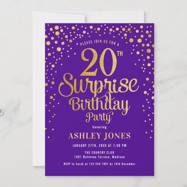 Invitación Surprise 201th Birthday Party - Purple & Gold (Anverso)