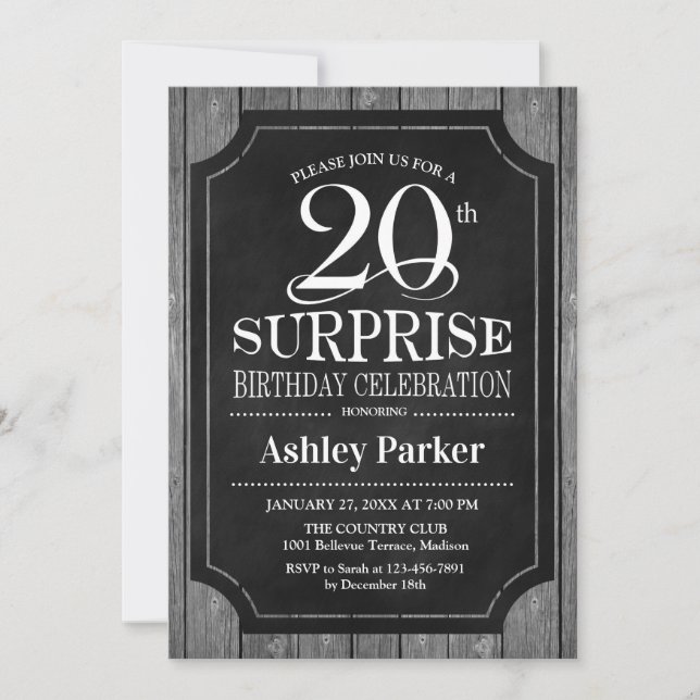 Invitación Surprise 20th Birthday Party - Chalkboard White (Anverso)