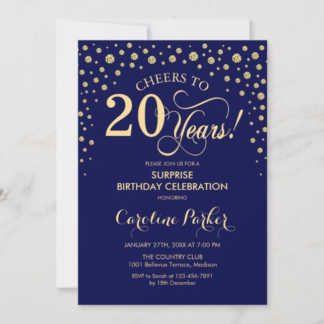 Invitación Surprise 20th Birthday Party - Navy Blue Gold (Anverso)