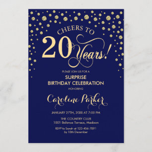 Invitación Surprise 20th Birthday Party - Navy Blue Gold