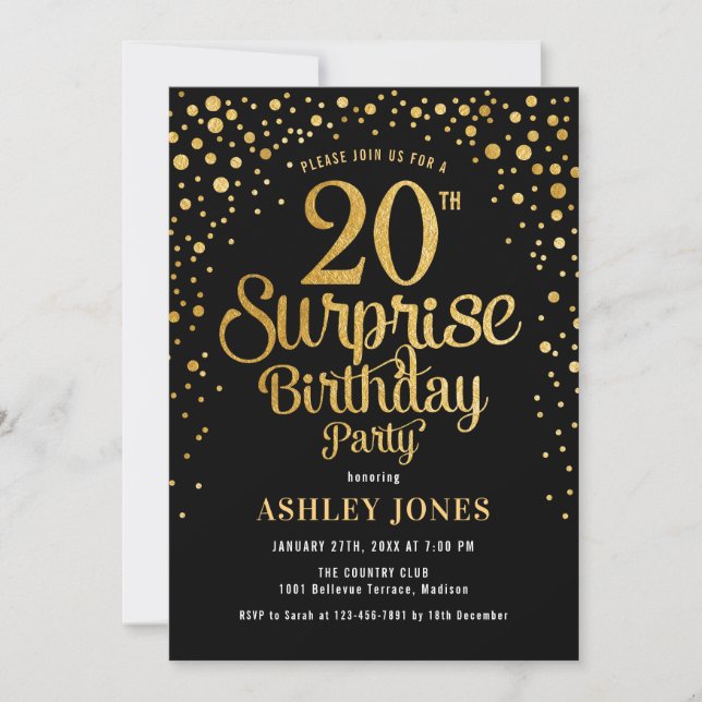 Invitación Surprise 20th Birthday Party - Negro y Oro (Anverso)