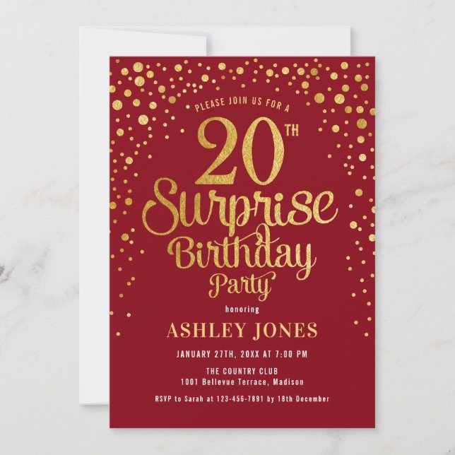 Invitación Surprise 20th Birthday Party - Red & Gold (Anverso)