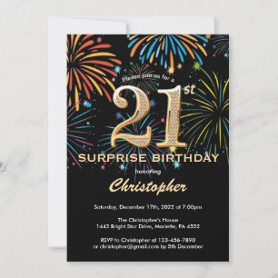 Invitación Surprise 21st Birthday Black Gold Firework
