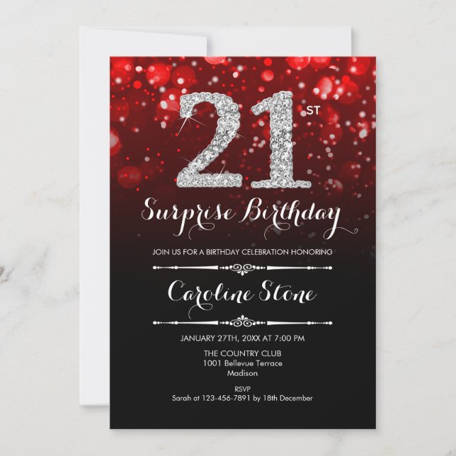 Invitación Surprise 21st Birthday - Black Red Silver (Anverso)