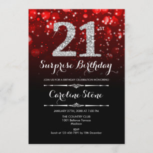 Invitación Surprise 21st Birthday - Black Red Silver
