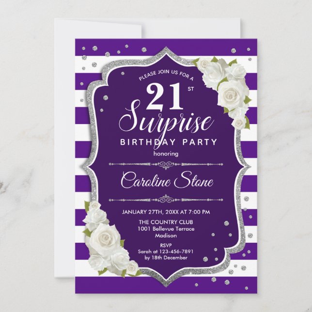 Invitación Surprise 21st Birthday - Blanco Plata Púrpura (Anverso)