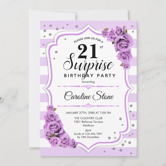 Invitación Surprise 21st Birthday - Blanco Púrpura (Anverso)
