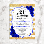 Invitación Surprise 21st Birthday - Blue Royal Gold<br><div class="desc">Sorpresa Invitación a cumpleaños número 21. Diseño azul real y blanco femenino con oro falso purpurina. Cuenta con rayas,  rosas azules de zafiro,  fuente de guión y confeti. Perfecto para una elegante fiesta de cumpleaños. Se puede personalizar para mostrar cualquier edad. Mándame un mensaje si necesitas más personalización.</div>