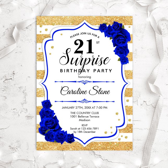 Invitación Surprise 21st Birthday - Blue Royal Gold (Subido por el creador)
