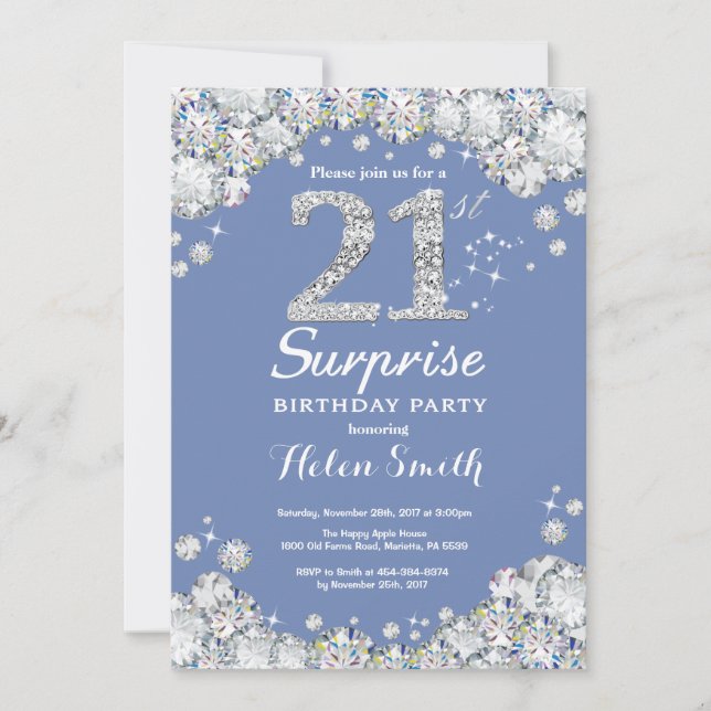 Invitación Surprise 21st Birthday Blue Silver Diamante (Anverso)