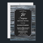 Invitación Surprise 21st Birthday Dinner Wood Fiesta<br><div class="desc">Una rústica invitación a cenar en madera de granero azul y gris bordeada de plata sorprende por el 21 cumpleaños con el texto blanco resaltado en un fondo negro.</div>