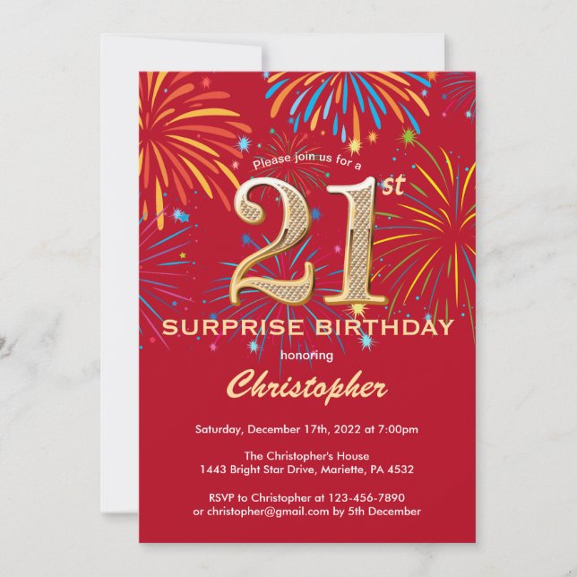 Invitación Surprise 21st Birthday Fuego de Arcoiris Rojo y Or (Anverso)