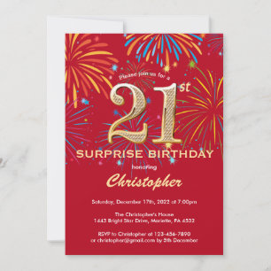 Invitación Surprise 21st Birthday Fuego de Arcoiris Rojo y Or