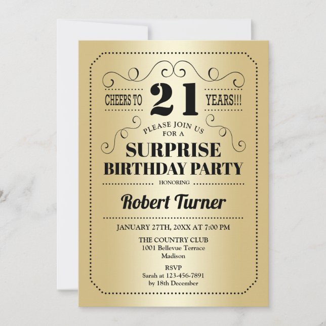Invitación Surprise 21st Birthday - Gold Black (Anverso)