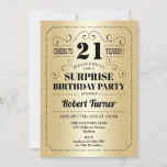 Invitación Surprise 21st Birthday - Gold Black<br><div class="desc">Sorpresa 21ª Invitación de fiesta de cumpleaños. Elegante diseño retro en oro y negro. Presenta una tipografía elegante y un Relieve metalizado de oro falso. ¡Salud a 21 años! Se puede personalizar a cualquier edad. Perfecto para una elegante celebración de cumpleaños sorpresa para adultos.</div>